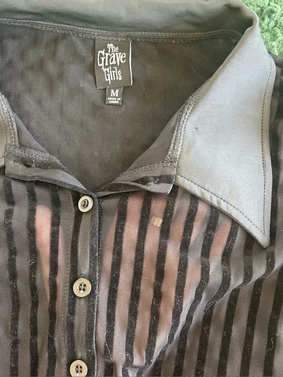 The Grave Girls Black Mesh Striped Button-Up Top - Picture 2 of 3